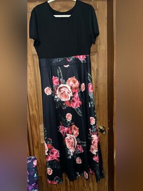SHEIN Black Maxi Dress Skirt with Pink Floral Print